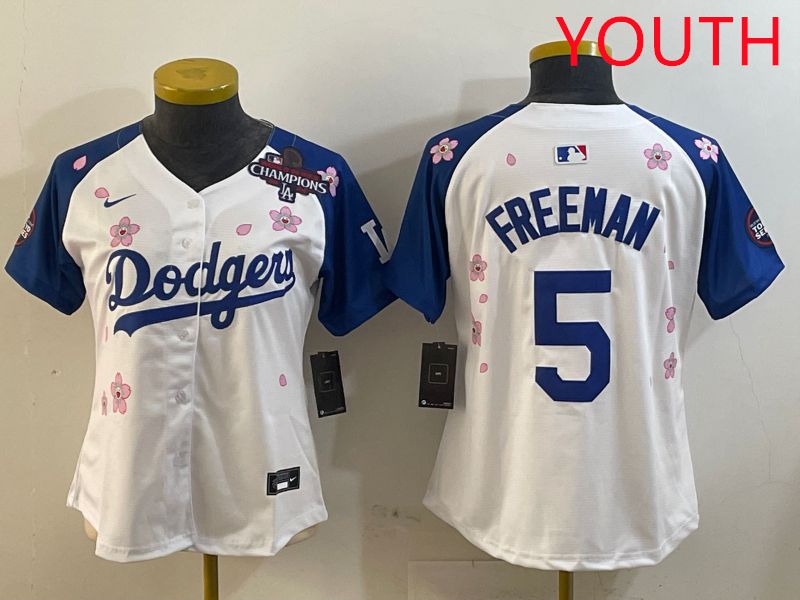 Youth Los Angeles Dodgers #5 Freeman White Blue Sakura Edition 2025 Nike MLB Jersey style 2->youth mlb jersey->Youth Jersey